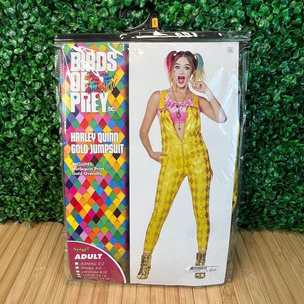 DC Birds of Prey Harley Quinn Yellow Gold Jumpsuit Shirt Costume Sz S Halloween